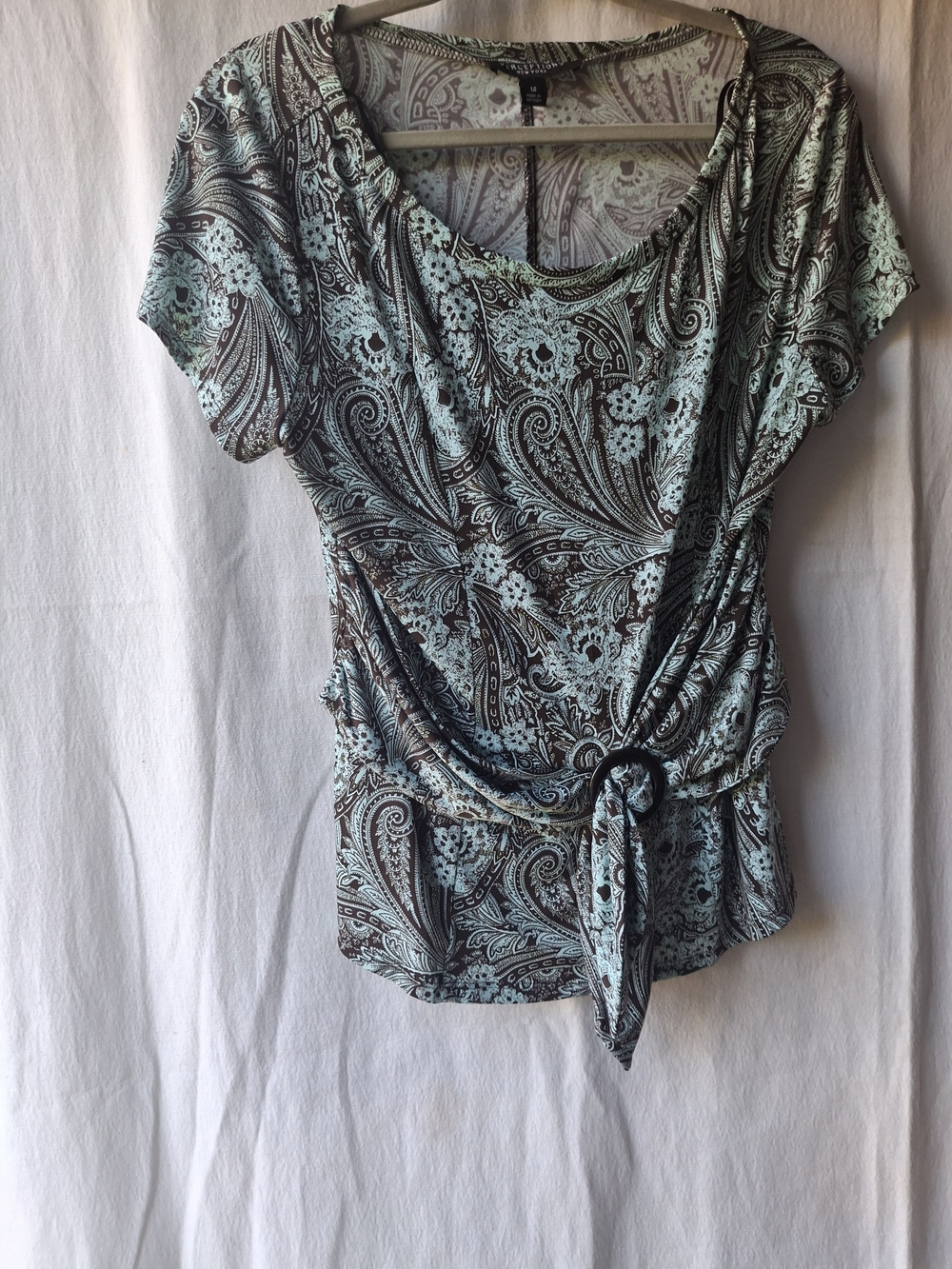 Paisley Tie-Front Blouse in Mint and Brown